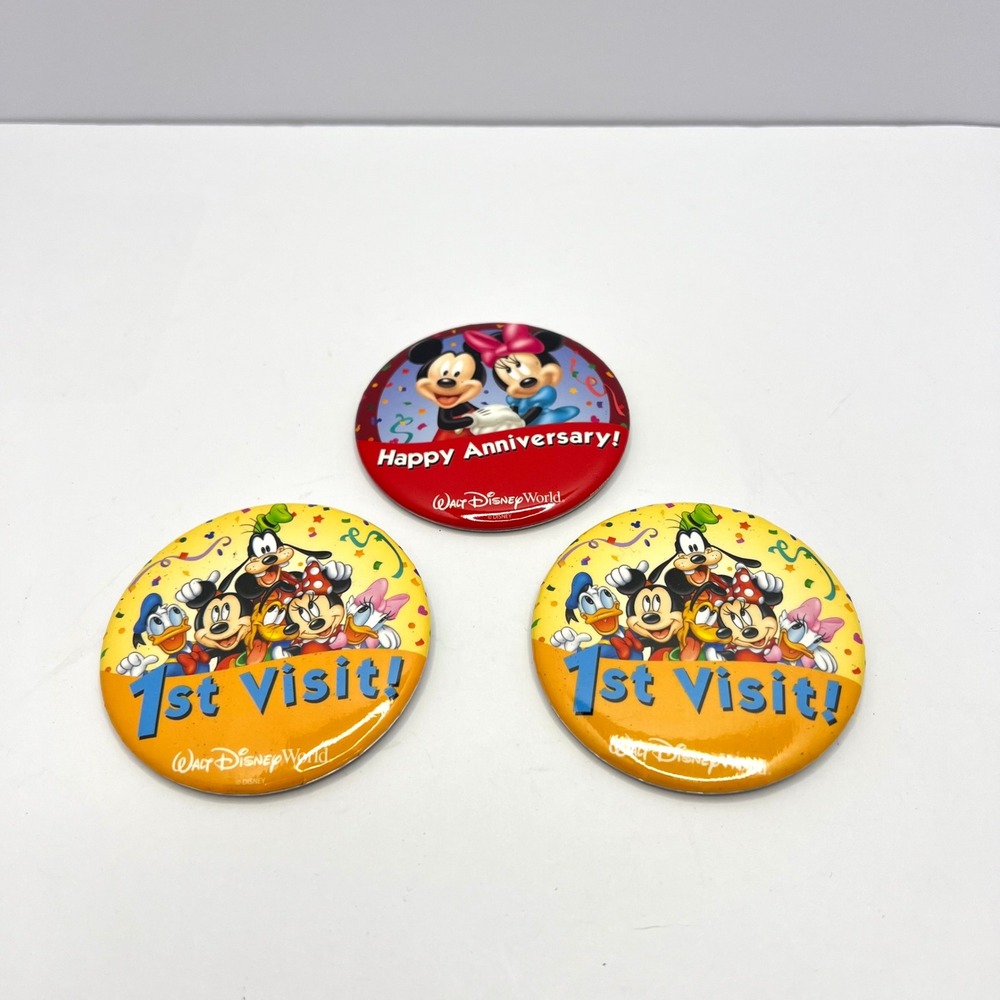 Disney Lot of 2 First Visit and 1 Happy Anniversary Buttons Pins WDW Disneyworld